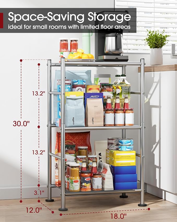 Sakugi Storage Shelves - 3 Tier Shelf Organizer, Sturdy Metal Shelving with Adjustable Leveling Feet, Space-Saving Shelves Organizer for Pantry, Laundry, Kitchen (18" x 12" x 30", Silver)