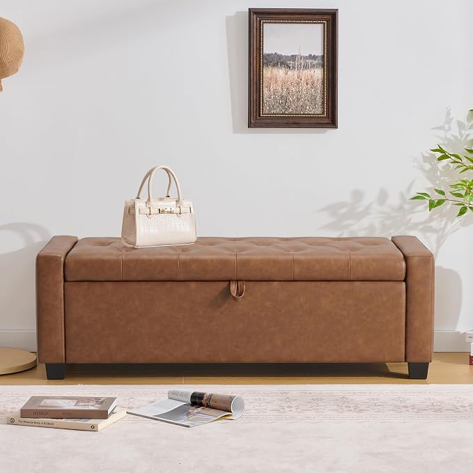 Huatean Home 48" Ottoman with Storage, Brown Storage Ottoman Bench | Upholstered Entryway Bench with Seating for Bedroom, Living Room with Safety Hinge, Holds up to 330 lb