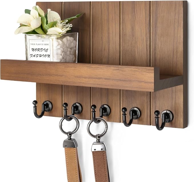 Rebee Vision Key Holder Wall Mount with 5 Key Hooks for Home Decor, Brown | 3.54'' x 10'' x 7.28'', Small Shelf for Display Plant, Key Hangers for Hat, Entryway Space-Saving Storage