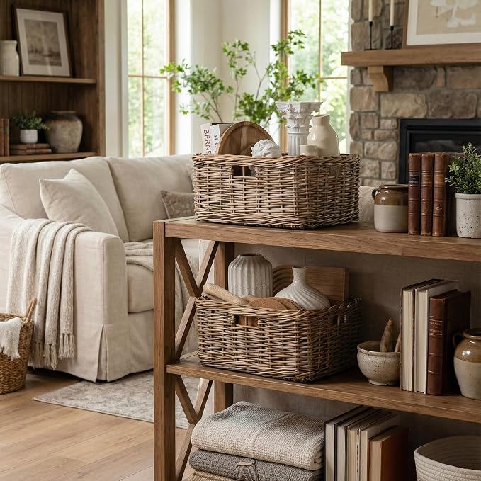 StorageWorks Pantry Baskets, Willow Storage Baskets for Organizing, Shelves, Pantry Organizers and Storage, Light Brown, 15" L x 11" W x 6 ¾"H