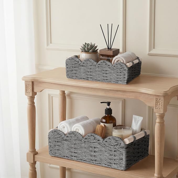 iEGrow Paper Rope Small Storage Baskets for Organizing, Set of 2 Scalloped Edge Wicker Basket with Wooden Handles Toilet Paper Basket for Over Toilet Storage Shelf, Home Decor, Living Room (Grey)