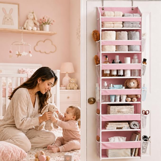 HOMELUX THEORY UPGRADED 6 Tiers Over The Door Organizer Hanging - 100D EXTRA THICK & 50lbs HUGE CAPACITY, 12 Side Mesh Pockets Over The Door Shoe Organizer, Hanging Closet Organizer (Baby Pink, 1pc)
