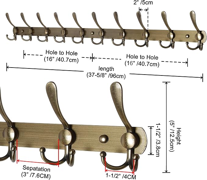 Dseap Coat Rack Wall Mount - 38” Long 10-Tri-Hooks Heavy Duty Coat Hanger Rail Wall Hooks for Hanging Coats Hats Clothing Clothes Purse Mudroom Entryway, Bronze, Pack of 2