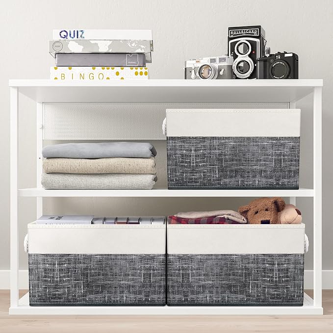 Fab totes Storage Bins 8-Pack, Foldable Storage Baskets for Organizing Toys, Books, Shelves, Closet, Large Storage Box with Rope Handles, Sturdy Organizer Bins, White & Black