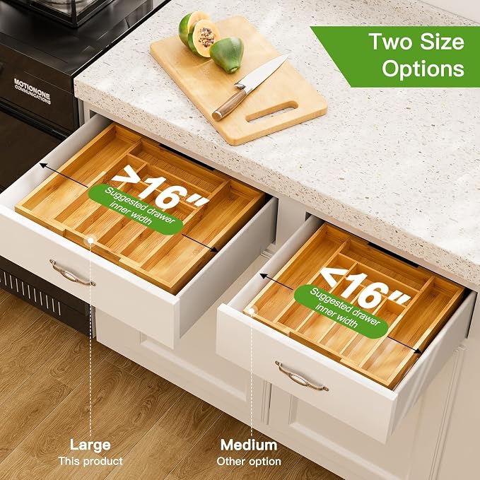 Pipishell Bamboo Expandable Silverware Drawer Organizer, Adjustable Kitchen Utensil Tray for Forks, Spoons and Knives, Wood Storage Cutlery Holder for Bedroom and Living Room