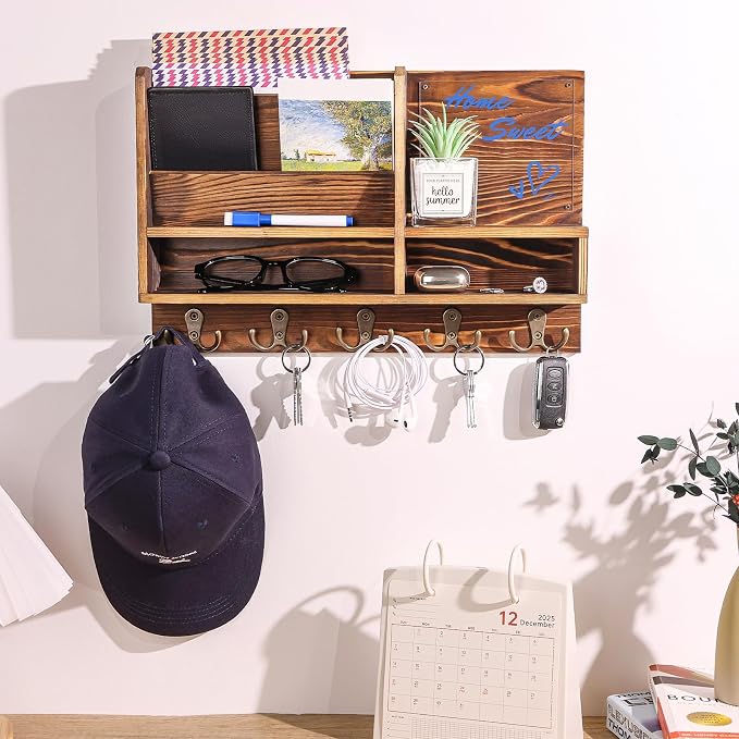 Key Holder Wall Mount, Mail Organizer Wall Mounted, Solid Wood Key Holder for Wall Living Room Entryway Home Decor, with 10 Key Hooks, Shelf, Marker Pen, 15.7" x 10.2" x 2.8"