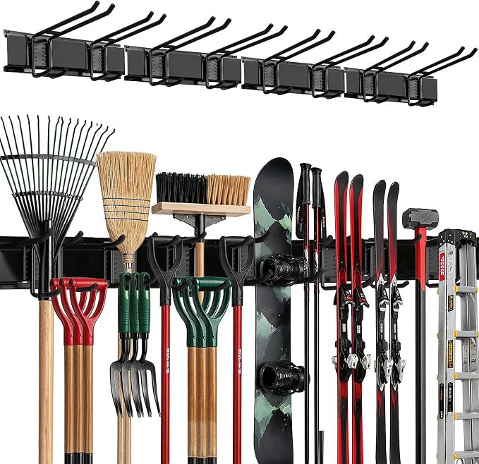 TIDYME Garage Wall Organizer, Shovel Holder Wall Mount, 64" Double Hooks | 400 lbs, adjustable double-layer tool hangers for garage wall, holds ladders, shovels, rakes, hoses & power tools