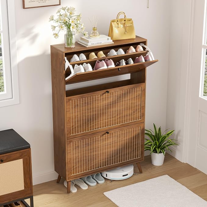 Fsbecl Shoe Storage Cabinet for Entryway with 3 Fluted Flip Drawers, Walnut | Narrow Design, Freestanding Shoe Rack with Adjustment Shelves, Wooden Hidden Organizer for Hallway Foyer, 18-24 Pairs
