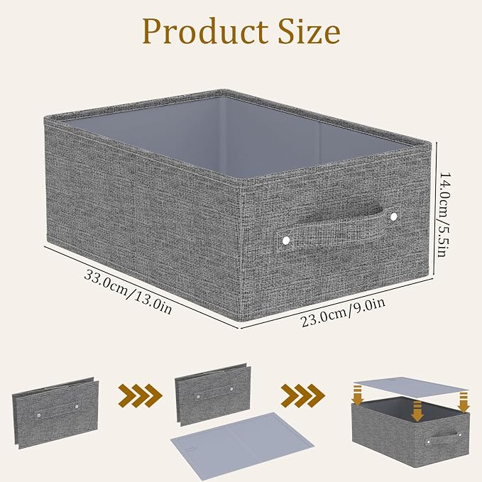 Collapsible Storage Baskets with Handles,Grey,13x9x5.5in,3 Pack | Storage Cubes with Rigid PP Panel,Organizer Boxes for Organizing,Washable Fabric Organization Bins for Frequent Access