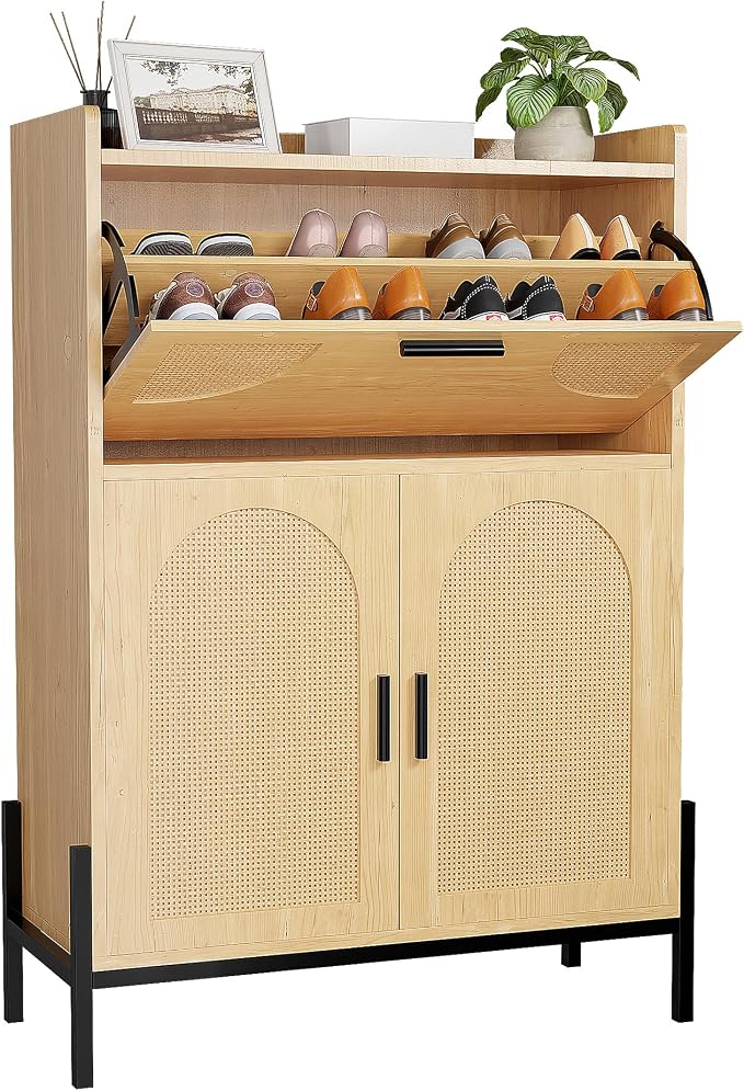 Shoe Cabinet Storage for Entryway, Narrow Wooden Shoe Organizer with Flip Drawer and Lower Double Door Cabinet, Rattan Shoe Cabinet with Metal Legs, 46 x 31.5 x 13.7 in