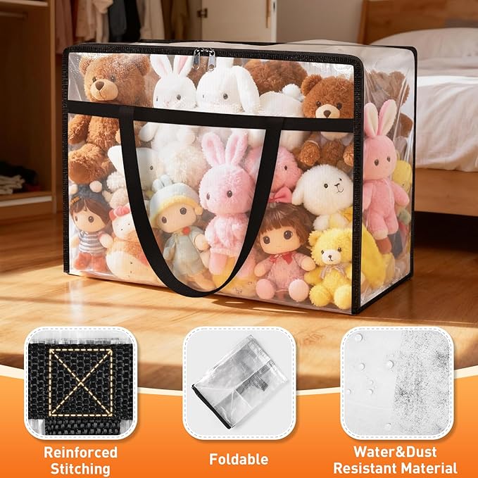 4 Packs 40L Clear Under Bed Storage Containers, Large Clothes Storage Bags | Heavy Duty Large Capacity Foldable Moving Bags with Sturdy Handles, Clothing Organizer Totes for Bedding Comforter Sheet