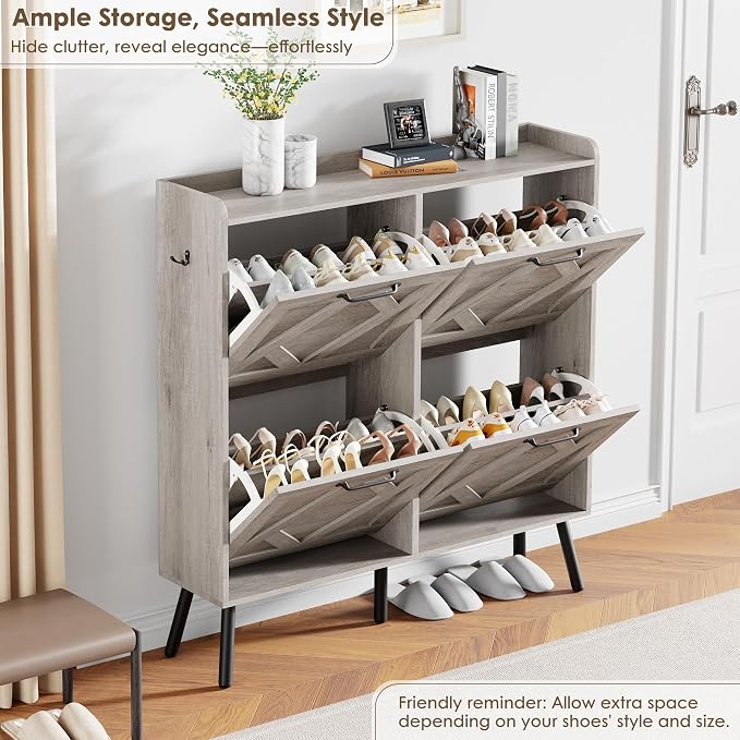 Nicetree Shoe Cabinet with 4 Flip Drawers, Freestanding Shoe Organizer Cabinet, Farmhouse Narrow Shoe Storage Cabinet for Entryway, Foyer, Hallway