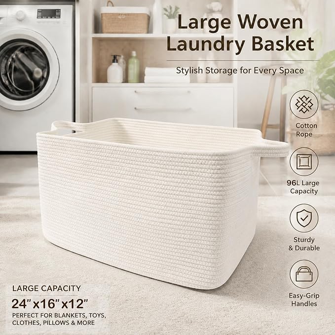 96L XXXLarge Woven Laundry Basket with Sturdy Handles - White | 24x16x15 Foldable Rectangular Blanket Basket for Toys, Clothes & Pillows,Ideal for Nursery, Bathroom, Bedroom, Living Room