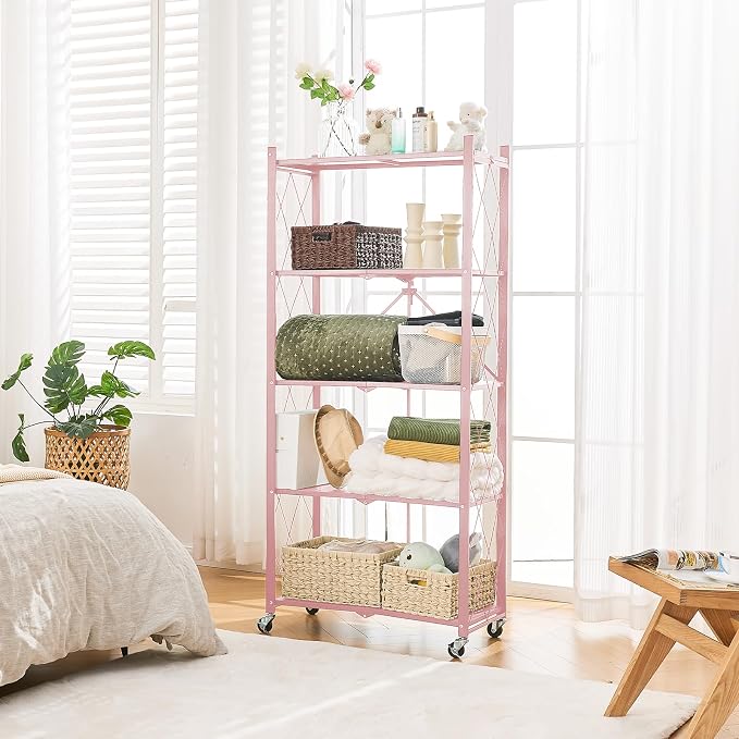 BRIAN & DANY 5-Tier Foldable Storage Shelves with Wheels, Folding Metal Rack Shelving Unit, Heavy Duty No Assembly Organizer Shelf for Garage, Kitchen, Basement, Pantry, Pink