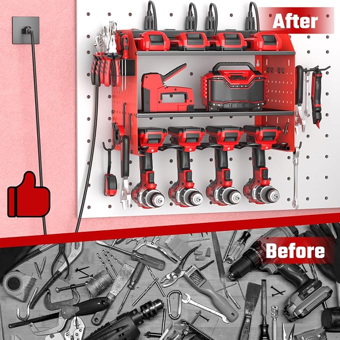 Power Tool Organizer Wall Mount 3 Layer Charging Station with 6 Outlets | Heavy Duty Tool Holder Storage Shelf Rack for Garage, Workbench and Workshop, Black, 4 Drill Holders and Drill Bit Rack, Red