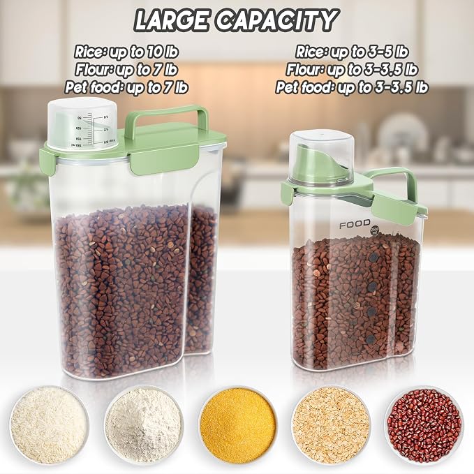 LEAWALK 5-7Lbs Dog Cat Food Storage Container with Upgraded Large Nozzle BPA-free, 4 Snap Seals Plastic Pet Food Storage Containers with Handles (Green x 2, (5L+3L) 2pack)
