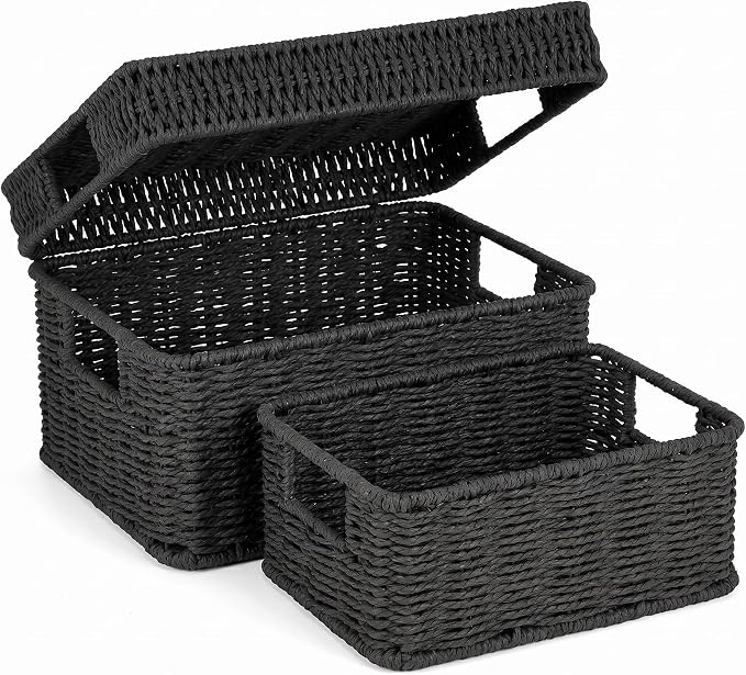 Wicker Storage Basket with Lid for Shelves, Set of 2, Black | One rectangular wicker basket with lid and one open basket for decorative shelf storage; removable lid flips into a tray.