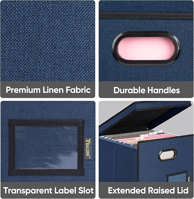 BALEINE File Organizer Box with Lid, Collapsible File Folder Organizer with Plastic Slide, Hanging File Folder Box for Office Document Storage (Tab Friendly, 2 Pack, Blue)