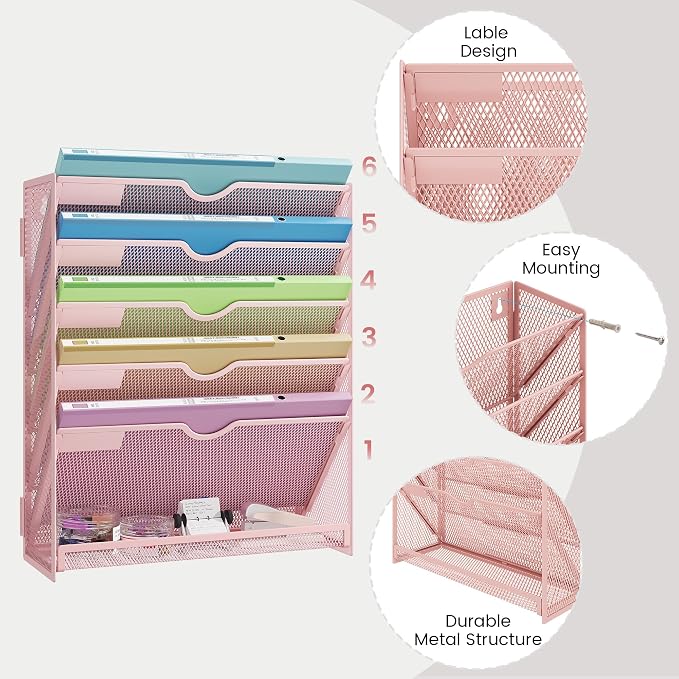 Pink Desk Organizer, Hanging Wall File Organizer with 6 Tiers | Metal Mesh Magazine & Mail Holder for Office Desk, Wall Mount Document Organizer for Home Decor