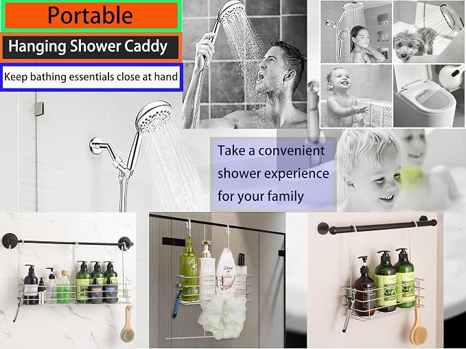 1-Tier Shower Caddy Hanging Shower Organizer Rack with Hook Over Door 2-PK