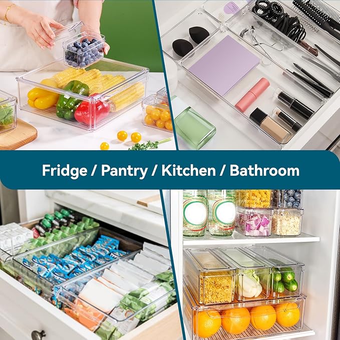 10 Pack Fridge Organizers and Storage, Clear Fridge Organizer Stackable | Fridge Organizer Bins with Lids, Refrigerator Storage Containers for Kitchen, Food, Cabinets, Fruits, Vegetables