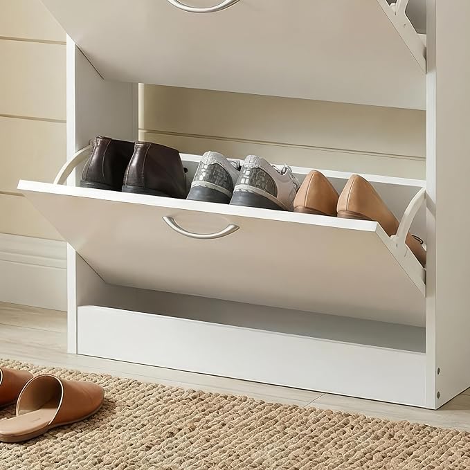 HOPUBUY Shoe Cabinet for Entryway, Narrow Shoe Storage with 3 Flip Drawers | Wood Slim Shoe Rack, 3 Tier Thin Shoe Organizer for Home and Apartment,White