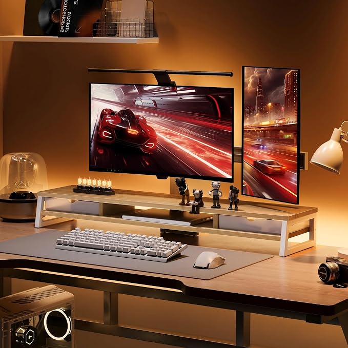 Fenge Dual Monitor Stand Riser, 42.5in Desk Shelf with 2 Drawers, Oak | 2-Tier Monitor Shelf for Desk, Storage Drawer with Stopper, Frosted, fit Home Office, Ultrawide Screen, PC, Laptop, TV