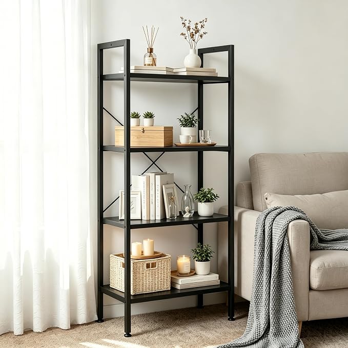 HealSmart 4 Tier Bookshelf, Free Standing Book Shelf Home Office Bookcase Shelf Storage Organizer for Bedroom, Bathroom, Living Room, Office, Balcony, Black