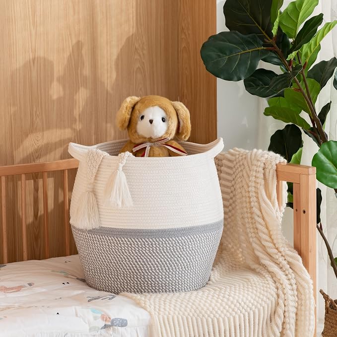 KAKAMAY Woven Baskets for Storage(17"x17"),Large Cotton Rope Woven Baby Laundry Hamper,Collapsible Laundry Basket, Blanket Basket for Organizing Living Room,Nursery,Pillows,Toy Chest(Grey)