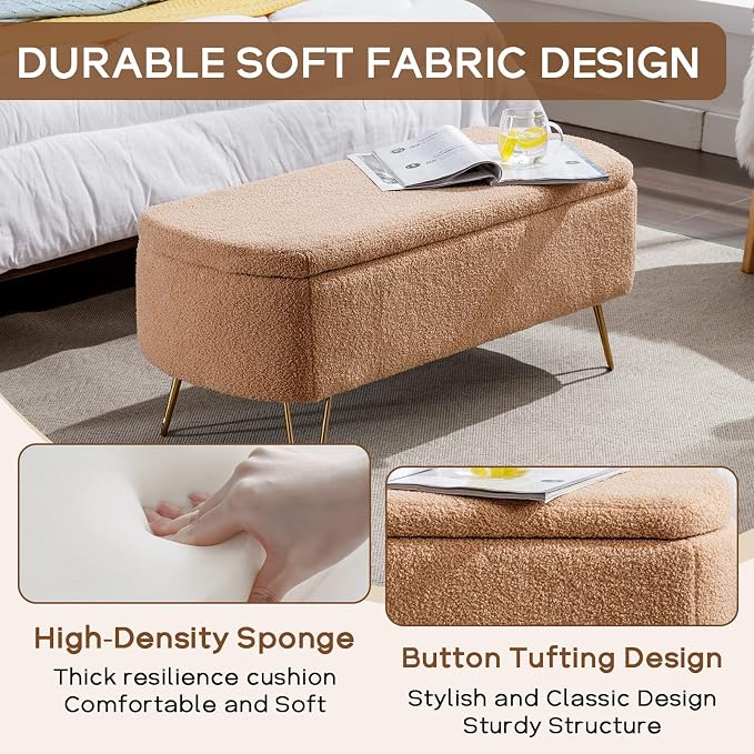 Modern Storage Ottoman Bench, Vintage Boucle Upholstered Entryway Bench, End of Bed Bench with Gold Legs, Padded Bench with Storage for Living Room, Bedroom, Entryway (Camel)