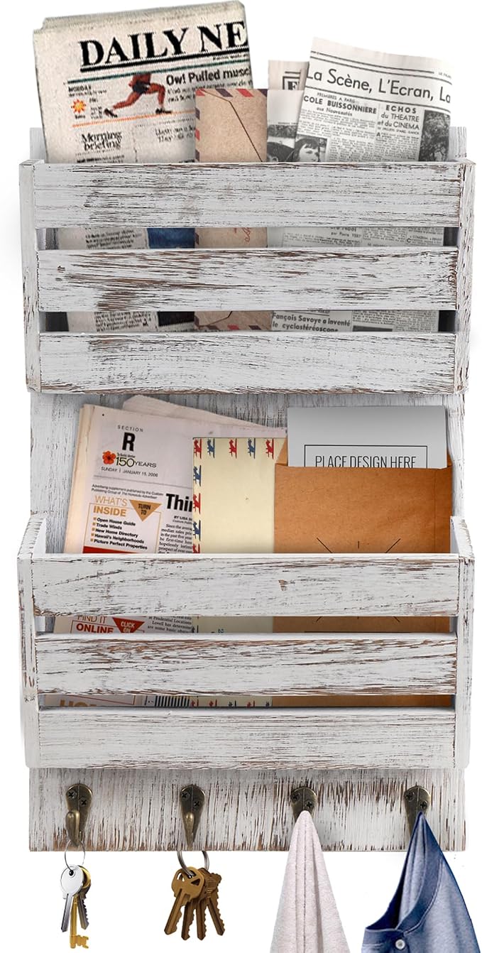 Mail Organizer Wall Mount with 4 Key Hooks, Rustic Wooden Hanging Mail Sorter Farmhouse Key Holder for Wall Decoration, 2-Slot Wall File and Magazines Bill Letter Holder