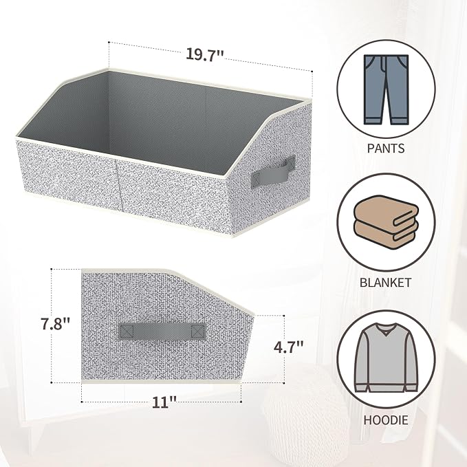Homsorout Storage Bins for Shelves - Large Trapezoid Closet Shelf Organizer, Fabric Organization Bins with Handles, Storage Baskets for Clothes, Towel, Purse, 6 Pack, Light Gray