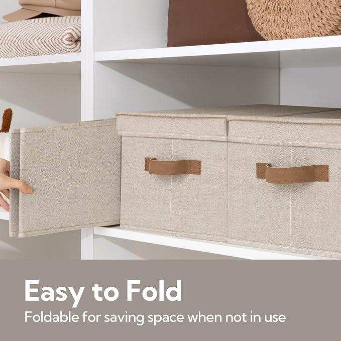 StorageWorks Fabric Storage Bins with Lids, Decorative Storage Bins with PU Handles, Foldable Storage Baskets for Closet, Shelves, Stackable and Sturdy Organization, Brown and Beige, Large, 3-Pack