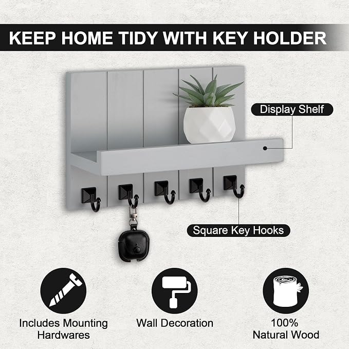 Key Holder for Wall, Decorative Key Holder with Shelf, Key and Mail Holder Wall Mount, Farmhouse Decor with 5 Key Hooks for Keys, Coats, ect.