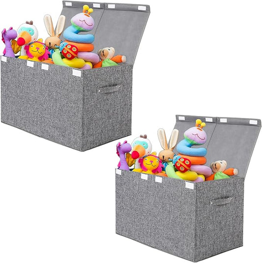 2 Pack Large Toy Box Storage with Lid, Collapsible Sturdy Toy Chest Storage | Toy Chest with Rivets Handles for Kids, Boys, Girls, Nursery, Playroom, Living Room, Bedroom, 25"x 13" x 16" (Linen Gray)