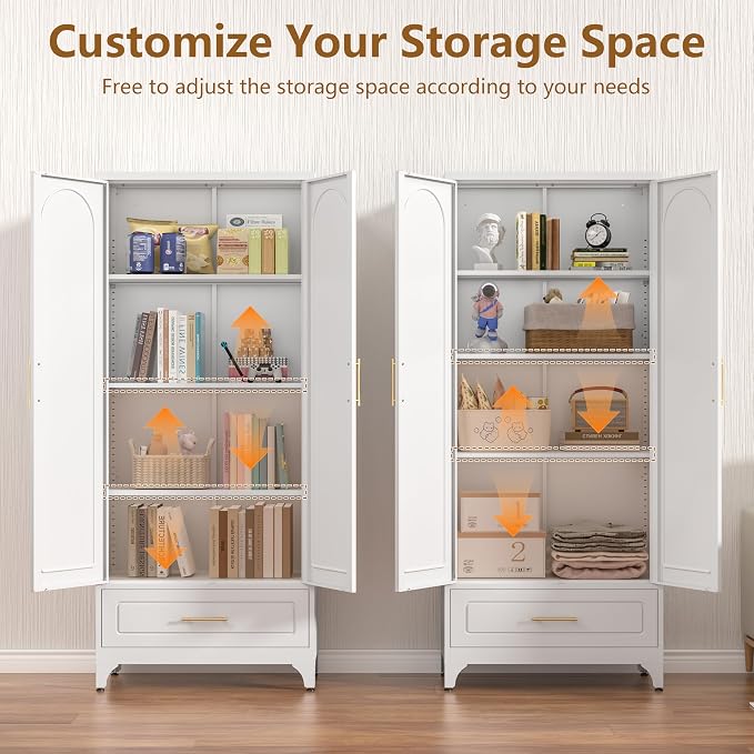 Polup 75" Metal Storage Cabinet, Tall Kitchen Pantry Cabinet with 1 Drawer | White Heavy-Duty Steel Cupboard, 2 Doors, 3 Adjustable Shelves, Magnetic Latch, Gold Handles, for Dining Living Room, Laundry
