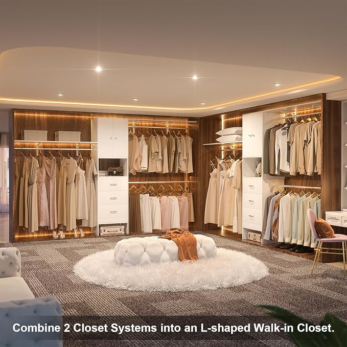120 Inches Closet System With Doors, 10FT Walk In Closet Organizer with 3 Shelving Towers, Heavy Duty Clothes Rack with 3 Drawers, Built-In Garment Rack, White