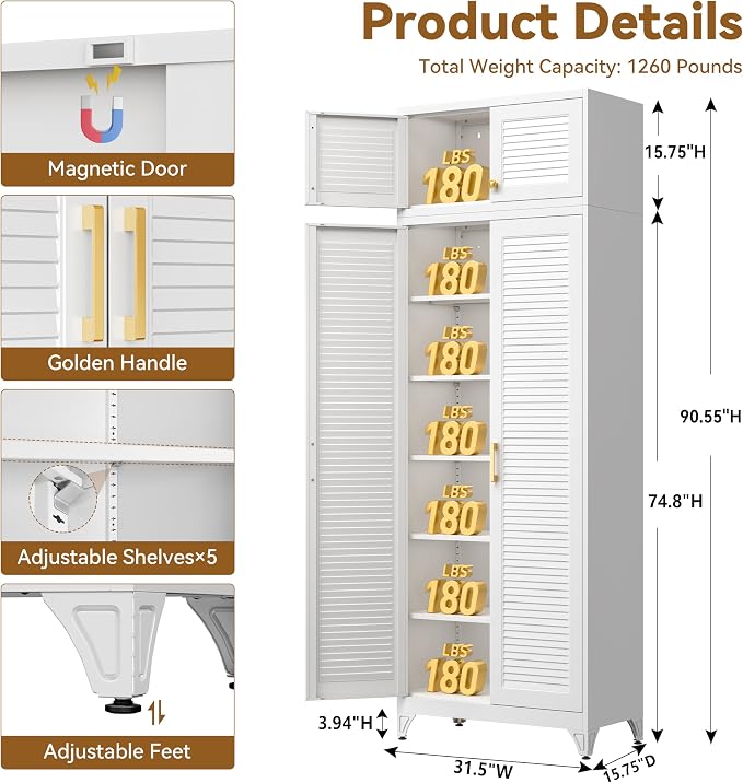 Polup 90" Tall Metal Kitchen Pantry Storage Cabinet with Doors and Shelves | Heavy-Duty White Cabinet, 5 Adjustable Shelving, Gold Handles, Louvered Doors, for Dining Living Room, Bathroom & Garage
