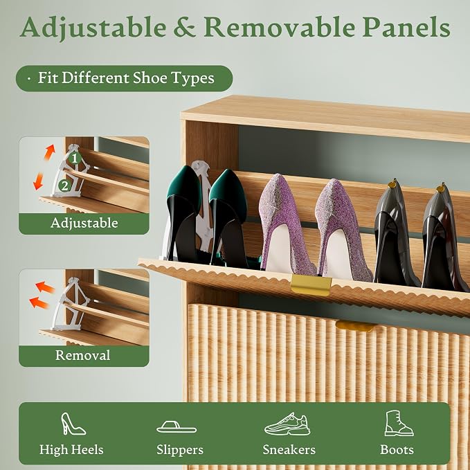 Xixini Shoe Storage Cabinet for Entryway with 2 Flip Drawers, Hidden Slim Wood Shoe Organizer with Modern Fluted Panel, Freestanding Narrow Shoe Rack for Front Door Entrance, Hallway, Foyer, Oak