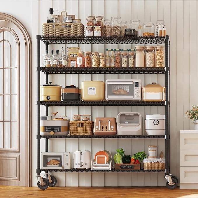Garvee Storage Shelves, 5-Tier Metal Shelving Units with Wheels, 73" H x 59" W x 17.1" D, 3300 LBS Heavy Duty Wire Shelving Rolling Rack for Garage Kitchen Home Basement, Adjustable, Black