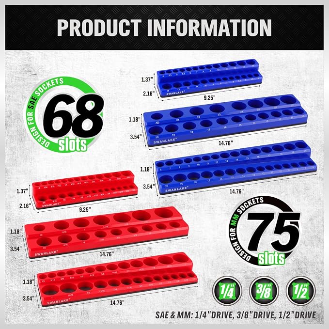 SWANLAKE Magnetic Socket Organizer Set, 1/4", 3/8", 1/2" Sockets Holds 286 Pieces Magnetic Socket Trays (Blue&red&black&green, 12 Pcs)
