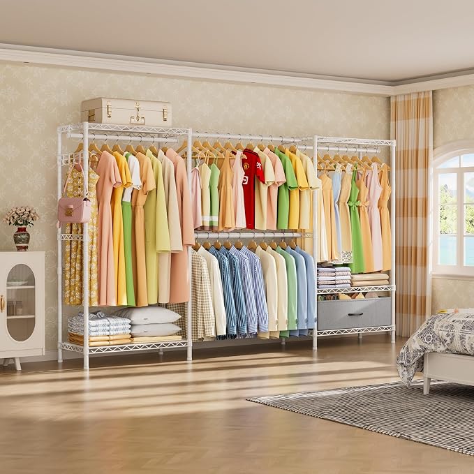 Golpart Heavy Duty Clothing Rack with Adjustable Shelves Clothes Wardrobe | Coat Rack Metal Closet Organizer and Storage Garment Rack for Hanging Clothes Wire Portable Cloth System Free Standing White