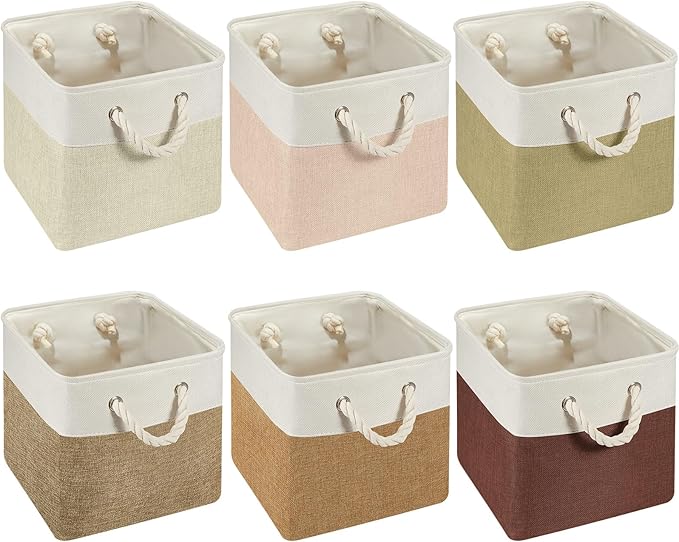 Geiserailie 6 Pcs 11 x 11 Inch Cube Storage Bins Fabric Storage Organizer Bins Foldable Cube Baskets with Sturdy Carry Handles Wicker Baskets for Home (Boho Color)