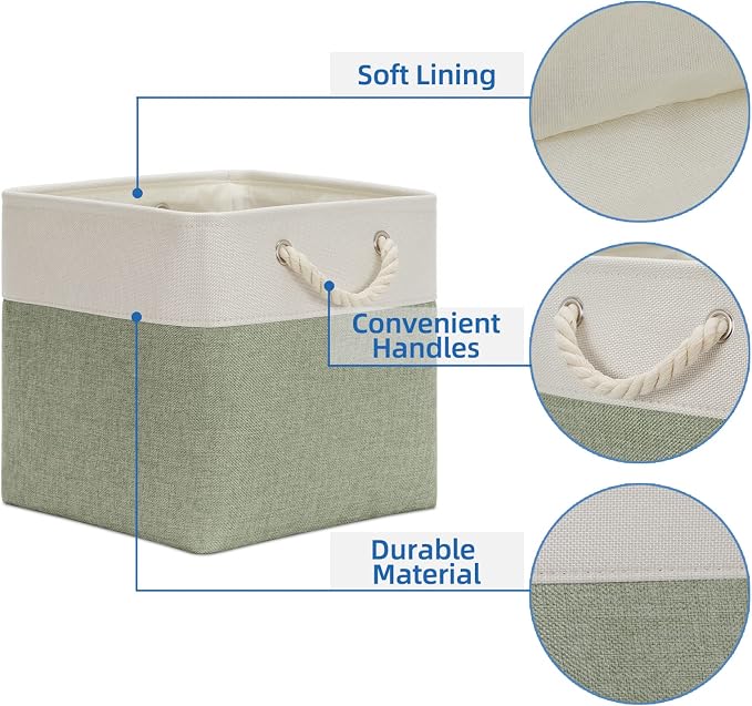 Temary Cube Storage Bins 13x13 Storage Cubes Basket for Gifts Empty, 4 Pack Large Storage Basket with Handles, Decorative Storage Baskets for Home (White&Green)
