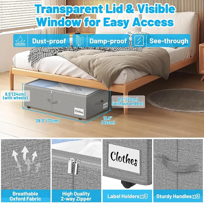 Under Bed Storage with Wheels, 2-Pack 10" Height XXL 75L Rolling Storage Bins, Quick Assembly Underbed Shoe Storage Containers with Clear Lid & Label, Dorm Under Bed Drawers for Clothes, Shoes, Black