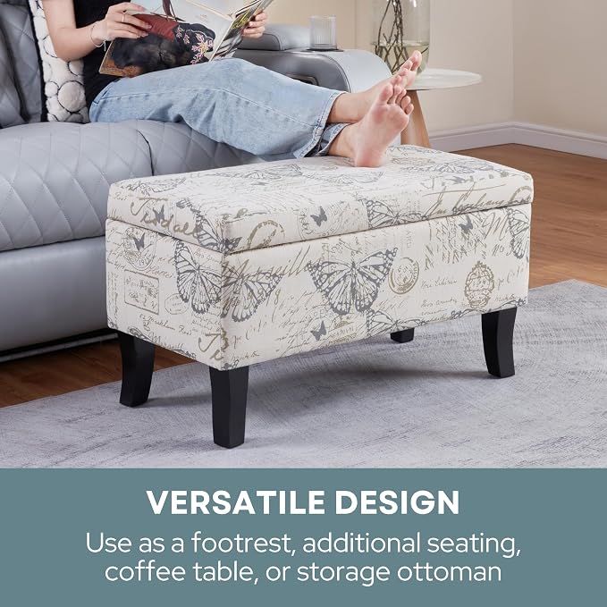 Convenience Concepts Designs4Comfort Winslow Storage Ottoman Bench 32" - Transitional Upholstered Footstool & Seat, for Living Room, Entryway, Hallway, & Bedroom, Butterfly Fabric