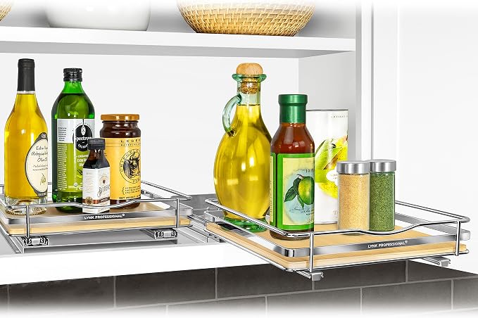 LYNK PROFESSIONAL® Élite™ Pull Out Spice Organization for Cabinets - 10-3/8 inch Wide – Spice Rack for Inside Cabinets – Wood/Chrome - Sliding Spice Rack Organizer for cabinet – Spice Rack - 1 Tier