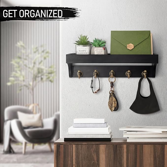 Rebee Vision Key Holder Wall Mount with Shelf & 5 Hooks for Entryway, Black | Key Holder for Wall, Mail Organizer, Plant Display, Decorative Storage, Apartment Essentials for Home Improvement