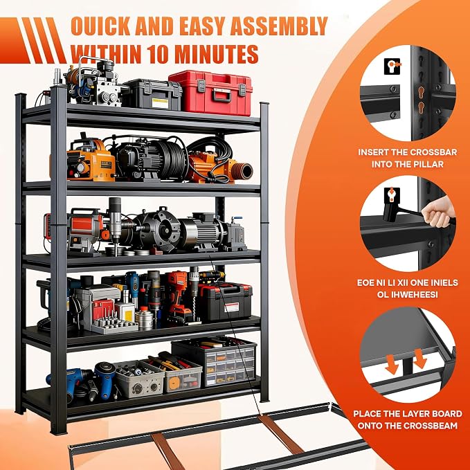 2set Storage Shelves Heavy Duty 5Tier Adjustable Metal Garage Shelving Unit Rack Metal Storage Shelf Heavy Duty Shelf for Heavy Tools and Equipment, Ideal for Garage, Basement, Black