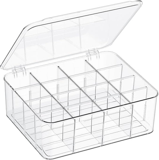 Sock Underwear Organizer, 16 Compartment Adjustable Dividers Tie Socks Underwear Drawer Organizers for Closet, Clear Plastic Storage Containers Box with Lids for Ties Scarf Socks Bras